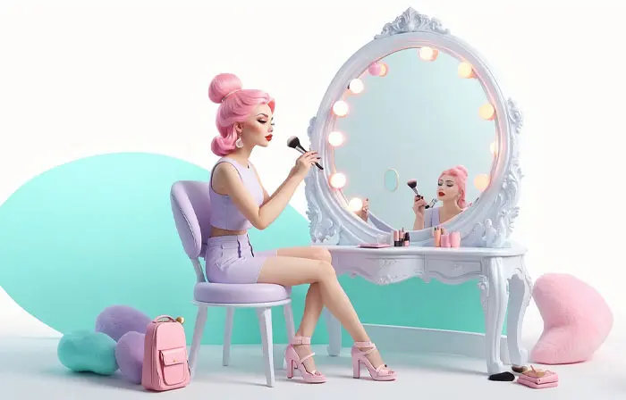 Woman Front of Mirror Doing Makeup 3D Character Art Illustration image